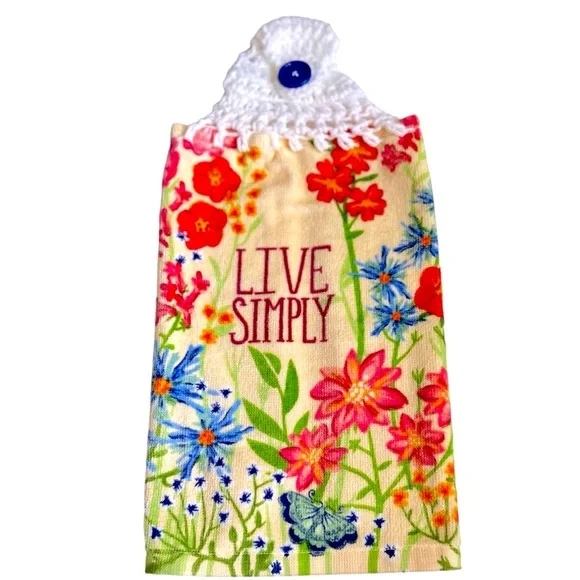Hand Crafted Colorful Floral Hanging Hand Towel Crochet Top Live Simply Logo - Picture 1 of 10